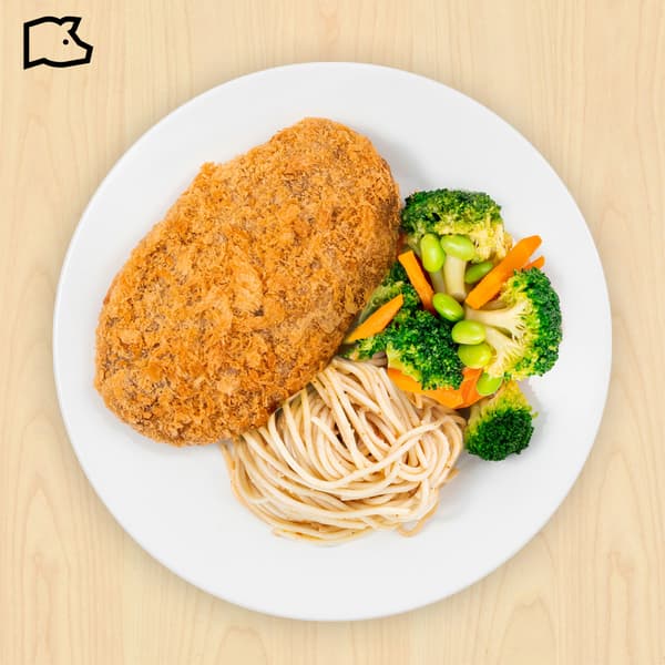 Pork cutlet with organic aglio olio, with pork food symbols at top left corner. 