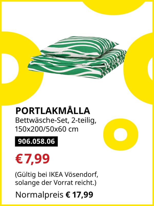 PORTLAKMÅLLA Bettwäsche-Set, 3-teilig, grün/weiß, 150x200/50x60 cm statt € 17,99 zum IKEA Frühlingsangebots-Preis von € 7,99