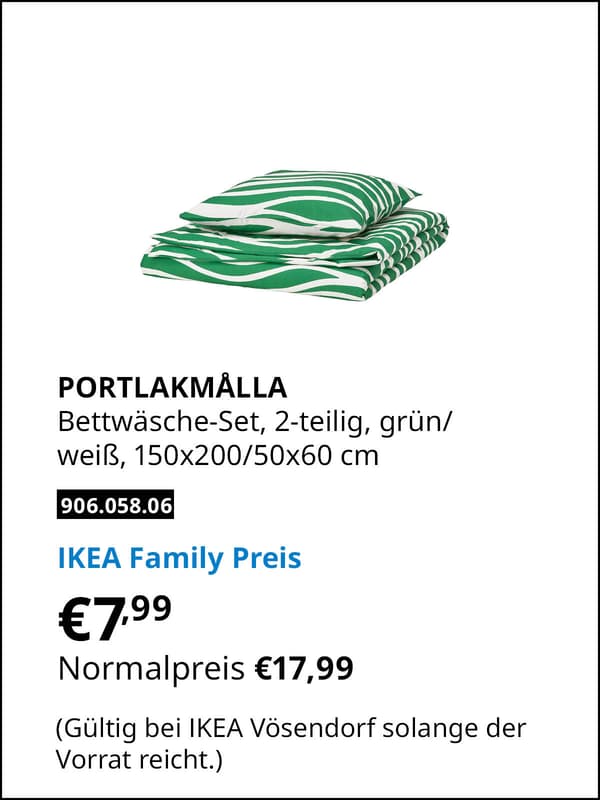 PORTLAKMÅLLA Bettwäsche-Set, 3-teilig, grün/weiß, 240x220/50x60 cm statt € 17,99 zum IKEA Family Preis von € 7,99