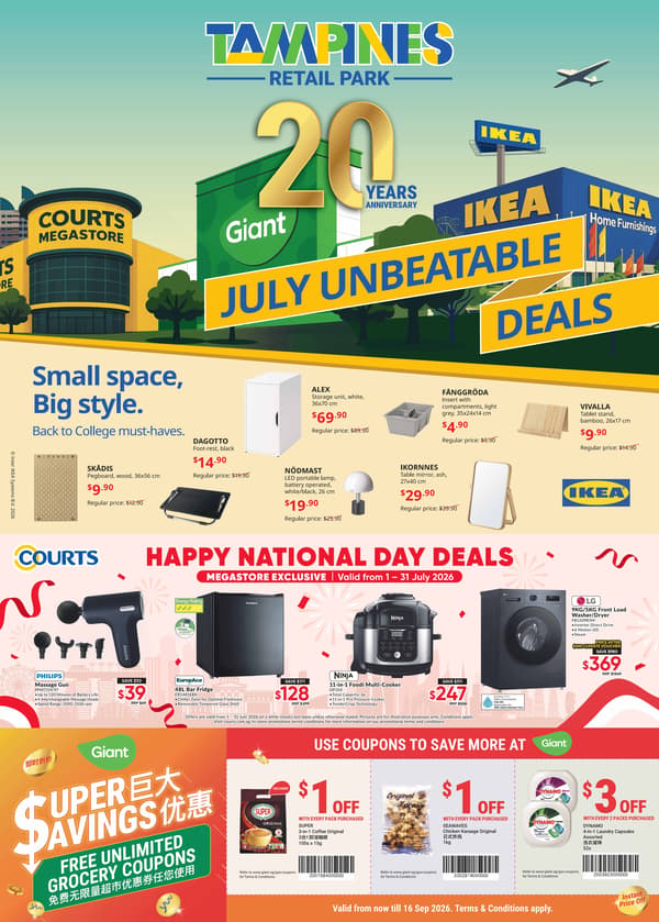 Poster featuring 20 years anniversary of Tampines Retail Park. Text reads: July Unbeatable deals