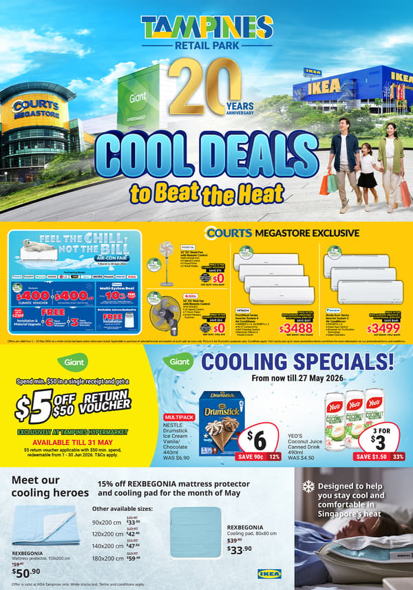 Poster featuring 20 years anniversary of Tampines Retail Park. Text reads: Cool ideas to beat the heat. 15% off REXBEGONIA mattress protector and cooling pad for the month of May. IKEA REXBEGONIA mattress protector promotional price: $50.90. Regular price: $59.90. 
