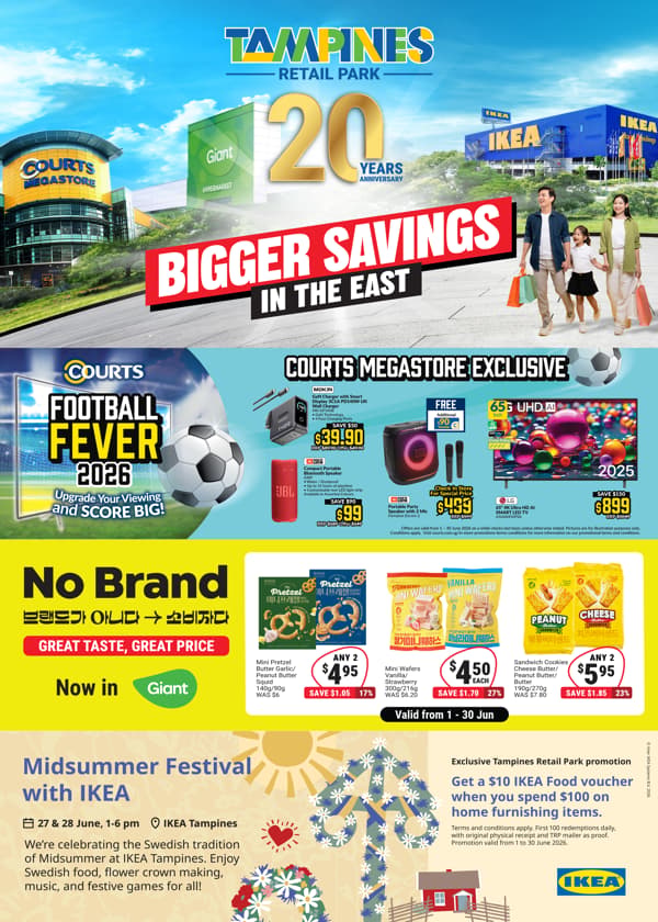 Poster featuring 20 years anniversary of Tampines Retail Park. Text reads: Midsummer Festival with IKEA.  
