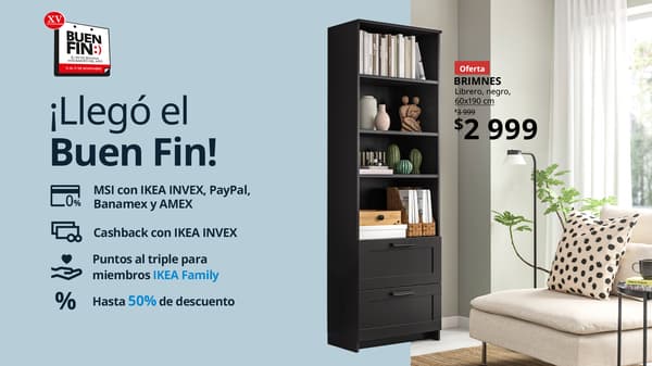 Póster promocional del Buen Fin 2025 de IKEA: librero BRIMNES negro (60x190 cm) a $2,999, destacando MSI, Cashback y 50% descuento