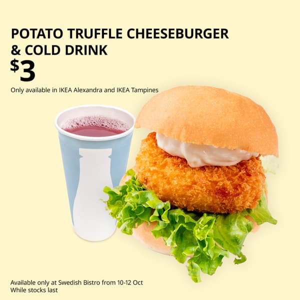 Potato truffle cheeseburger & cold drink, priced at $3