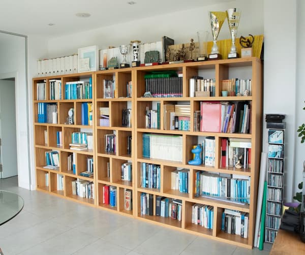 Prestatgeria de fusta que cobreix una paret sencera, plena de llibres i ornaments. 