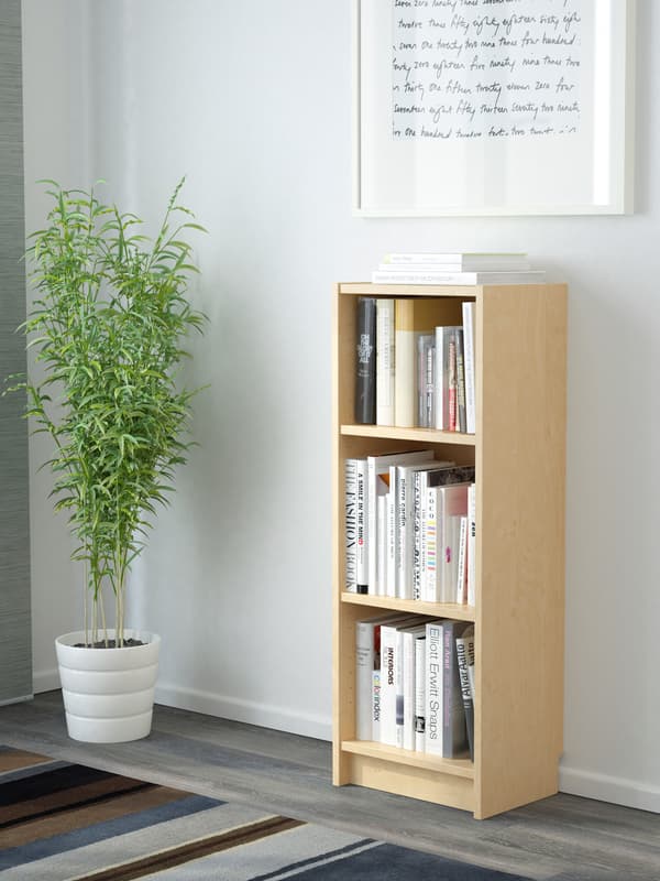 Prestatgeria estreta de fusta clara amb llibres organitzats verticalment i horitzontalment, col·locada al costat d’una planta i sota un quadre amb text manuscrit.