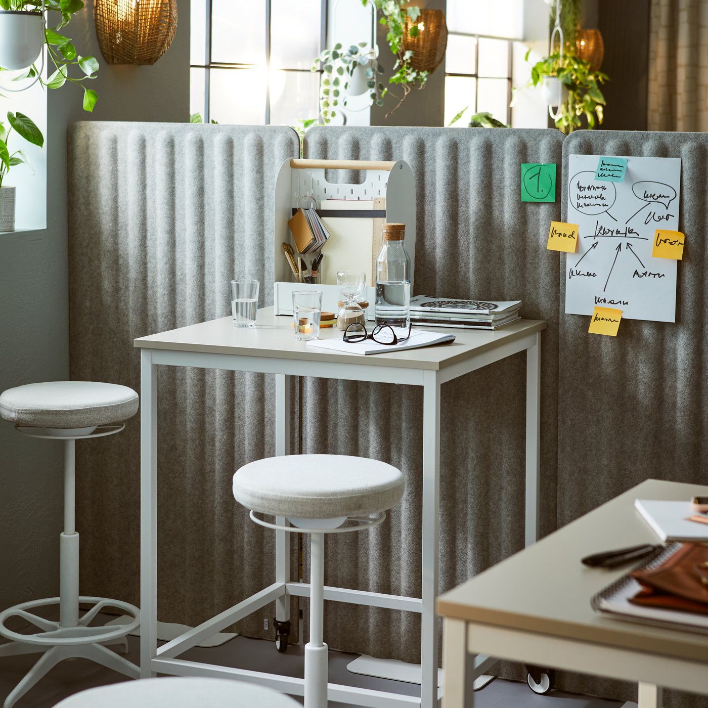 Pri predeľovacích paneloch, ktoré rozdeľujú miestnosť na viac častí, sa nachádzajú stoly TROTTEN a stoličky na aktívne sedenie LIDKULLEN.