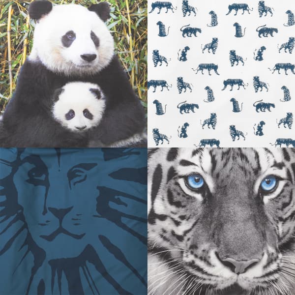 Prints and patterns featuring pandas, tigers, lions and leopards.