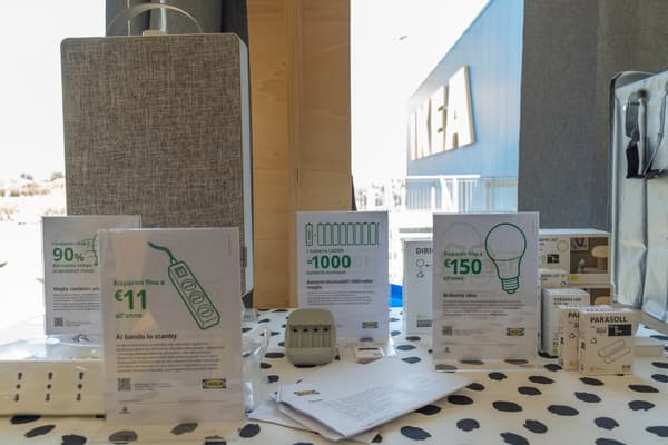 Prodotti IKEA con accanto un foglio che mostra il risparmio energitico potenziale durante il loro utilizzo.