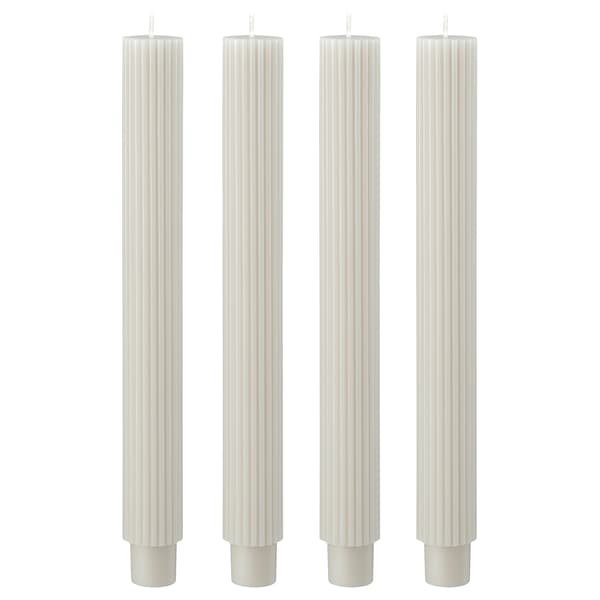 Product image of four textured, cream-coloured taper candles.