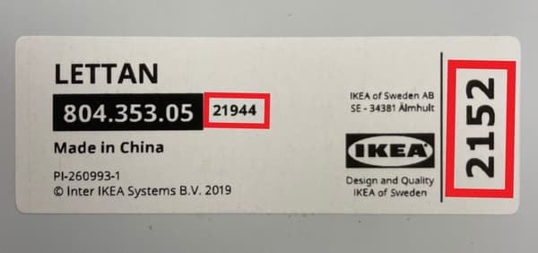 Product information label on the backside of the LETTAN mirror, product number 80435305. The supplier number 