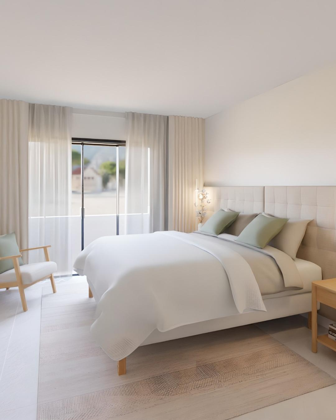 Projeto de Design de interiores com cama de casal com cabeceira RYKKINN