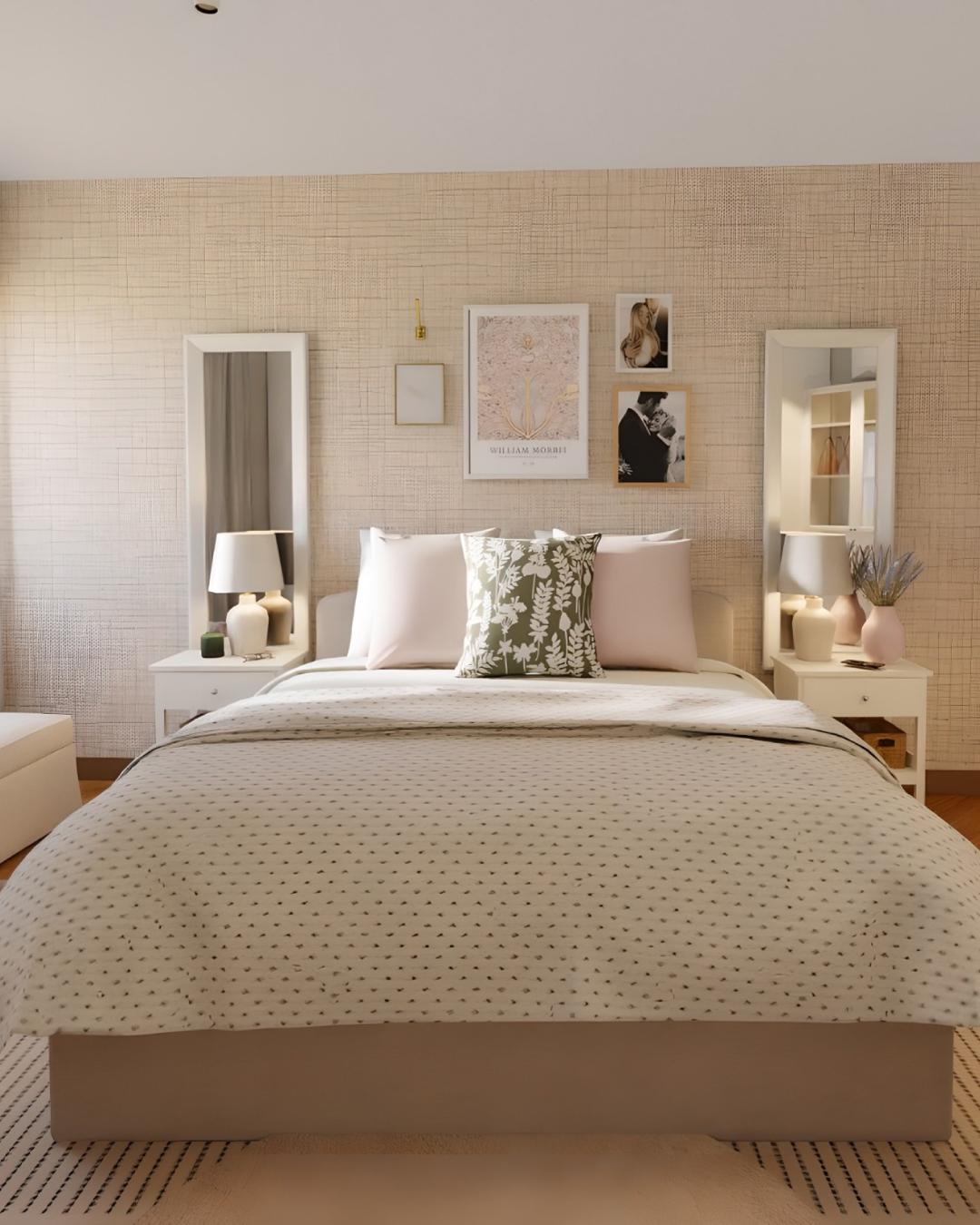 Projeto de design de interiores de quarto com cama de casal, mesas de cabeceira HEMNES e roupeiros PAX com portas brancas e em vidro.