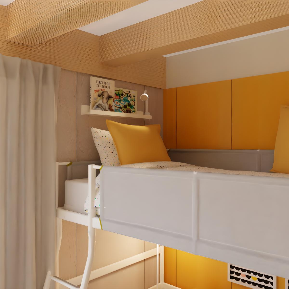 Projeto de Design de interiores de um quarto de adolescente com beliche VITVAL, sofá amarelo e secretária