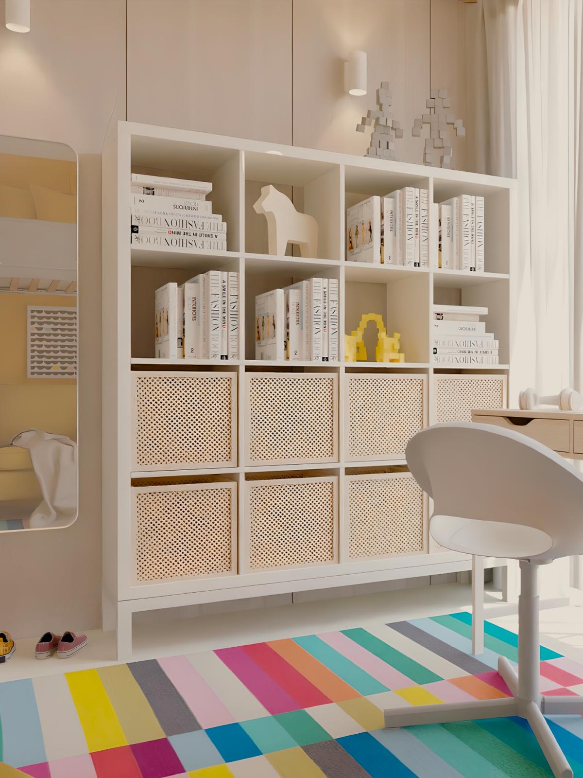 Projeto de Design de interiores de um quarto de adolescente com beliche VITVAL, sofá amarelo e secretária