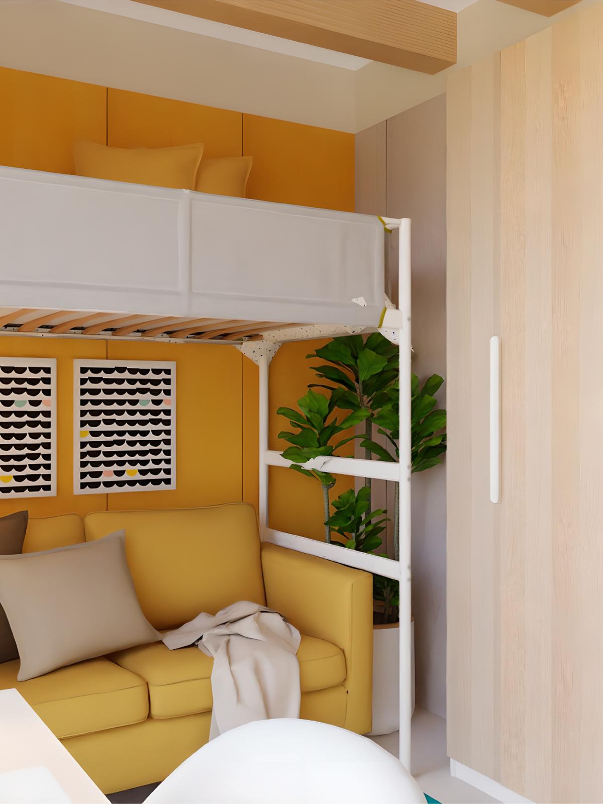 Projeto de Design de interiores de um quarto de adolescente com beliche VITVAL, sofá amarelo e secretária