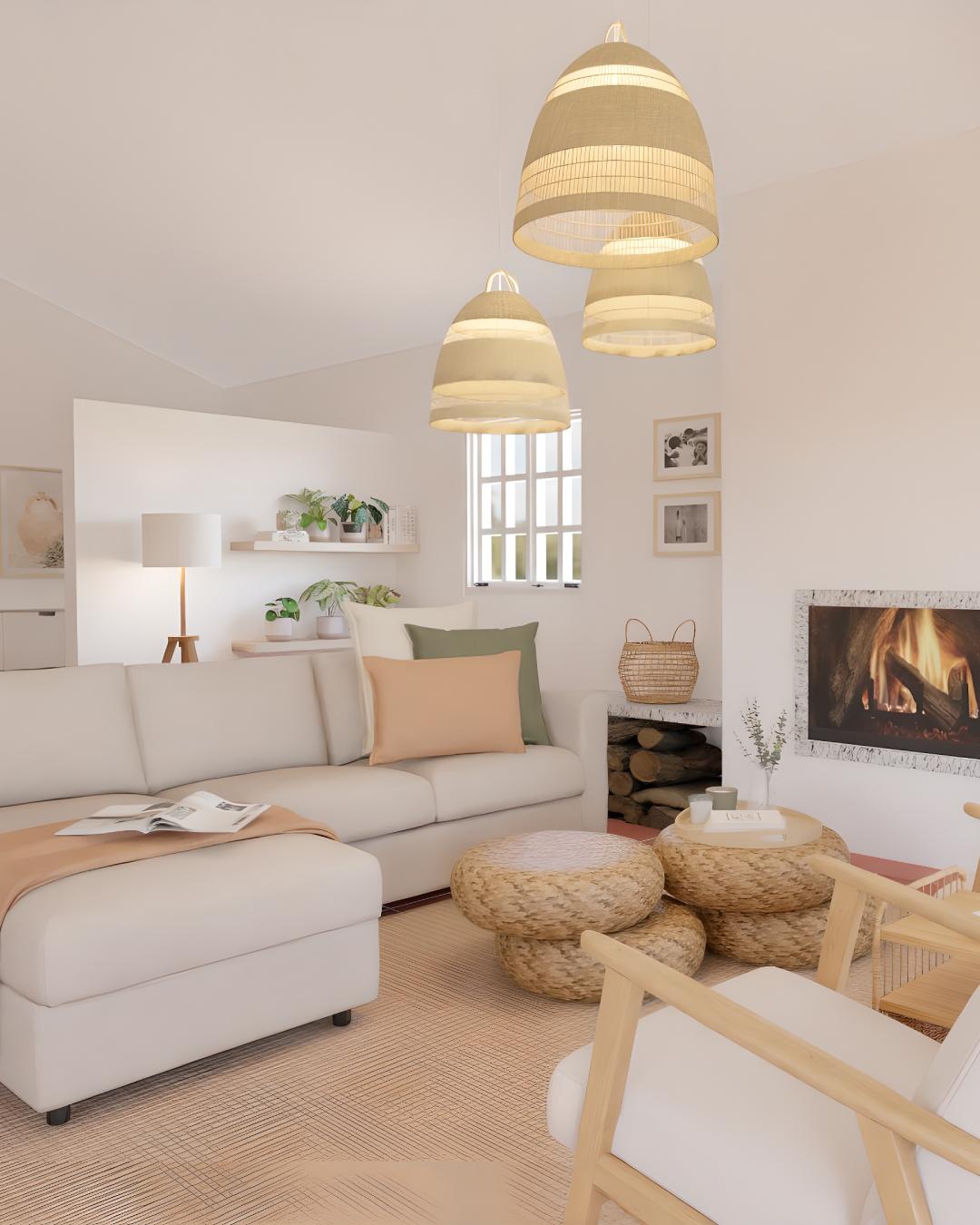 Projeto de Design de interiores de uma sala numa casa de campo com um sofá VIMLE bege.