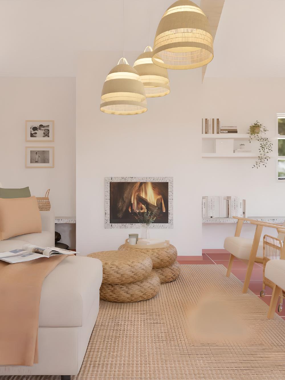 Projeto de Design de interiores de uma sala numa casa de campo com um sofá VIMLE bege.