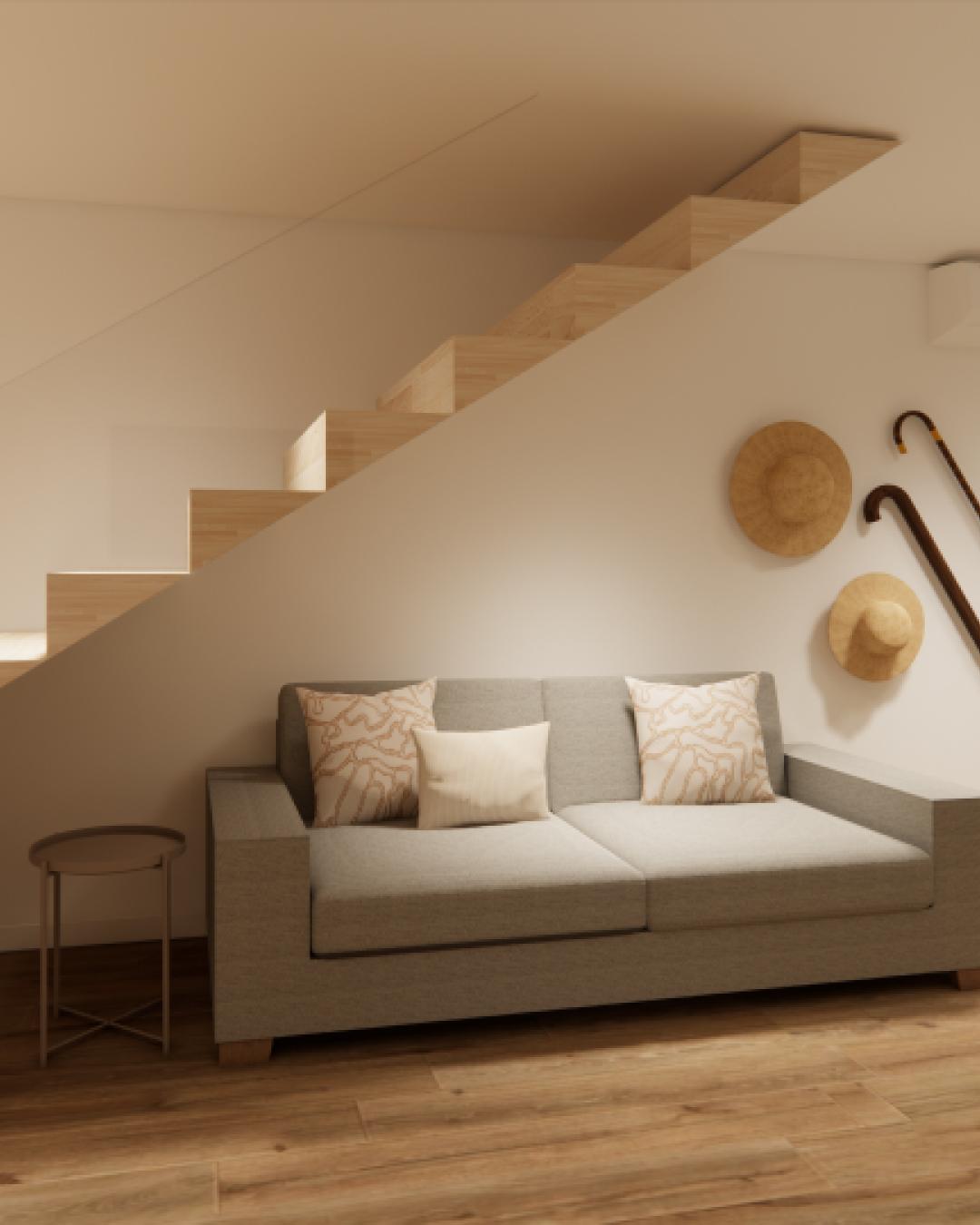 projeto de design de interiores de uma sala rústica e moderna com um sofá cinzento e um móvel de arrumação BESTÅ