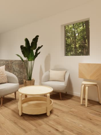 projeto de design de interiores de uma sala rústica e moderna com um sofá cinzento e um móvel de arrumação BESTÅ