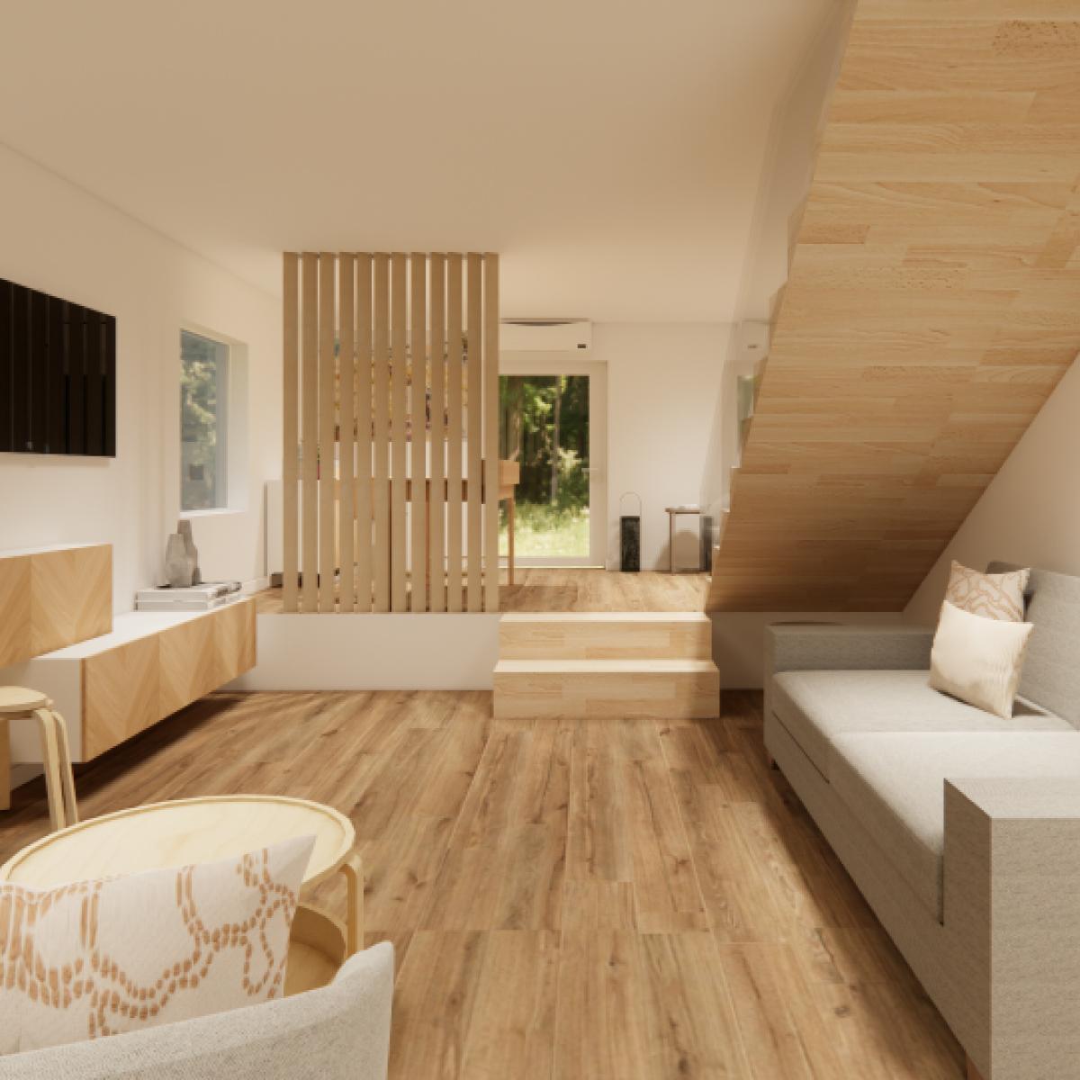 projeto de design de interiores de uma sala rústica e moderna com um sofá cinzento e um móvel de arrumação BESTÅ