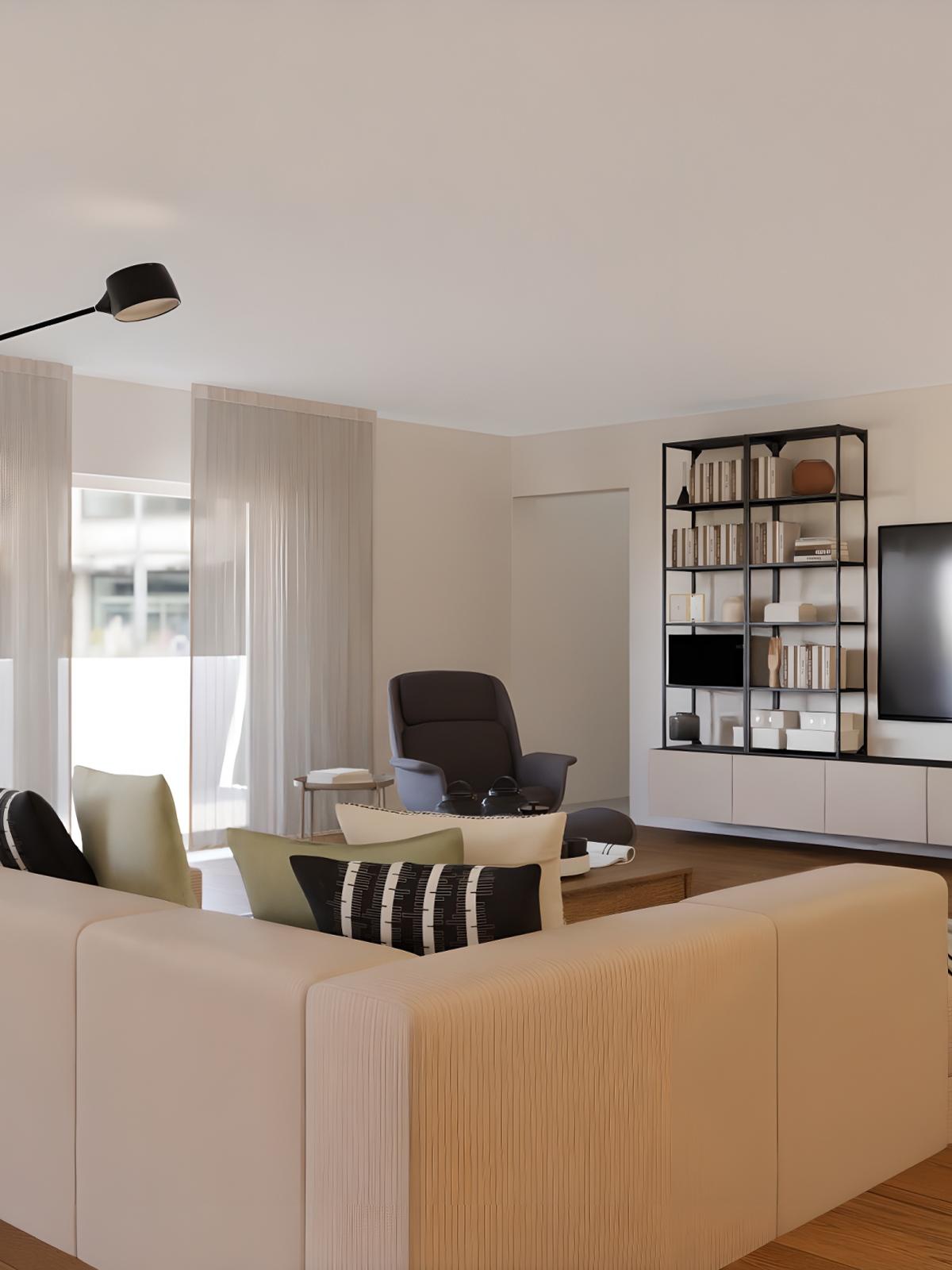 Projeto design de interiores de uma sala com sofá JÄTTEBO em cinza e tapete STOCKHOLM às riscas pretas e brancas