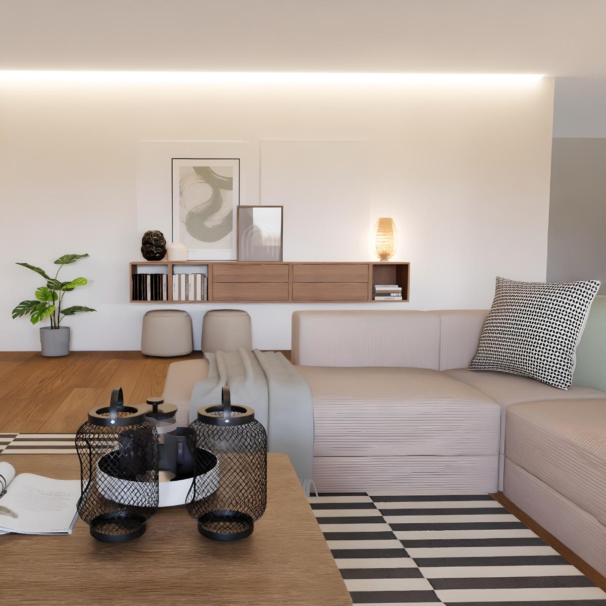 Projeto design de interiores de uma sala com sofá JÄTTEBO em cinza e tapete STOCKHOLM às riscas pretas e brancas