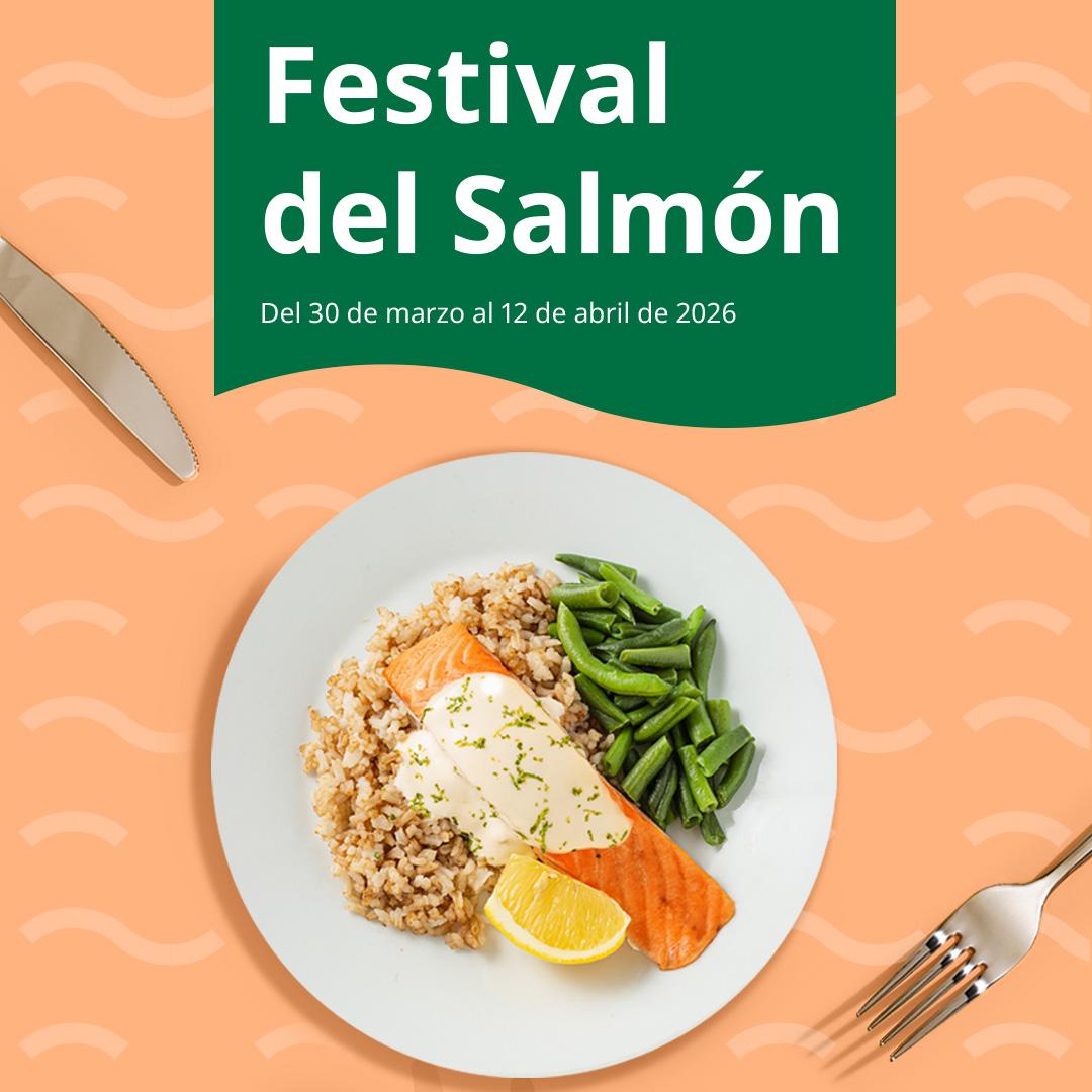 Promoción del Festival del Salmón 2026 con plato de salmón, arroz y ejotes