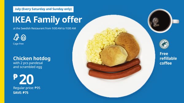 Promotional banner for IKEA's July weekend breakfast offer. Plate with scrambled eggs, pandesal, and chicken hotdogs; includes refillable coffee for ₱20.