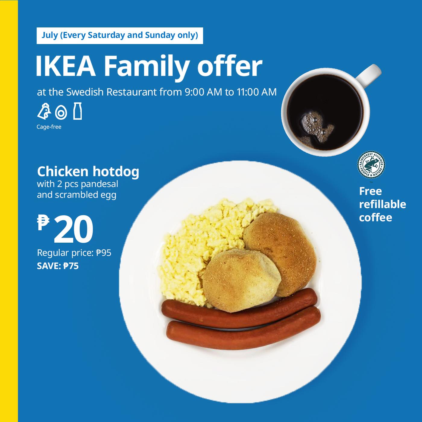 Promotional banner for IKEA's July weekend breakfast offer. Plate with scrambled eggs, pandesal, and chicken hotdogs; includes refillable coffee for ₱20.