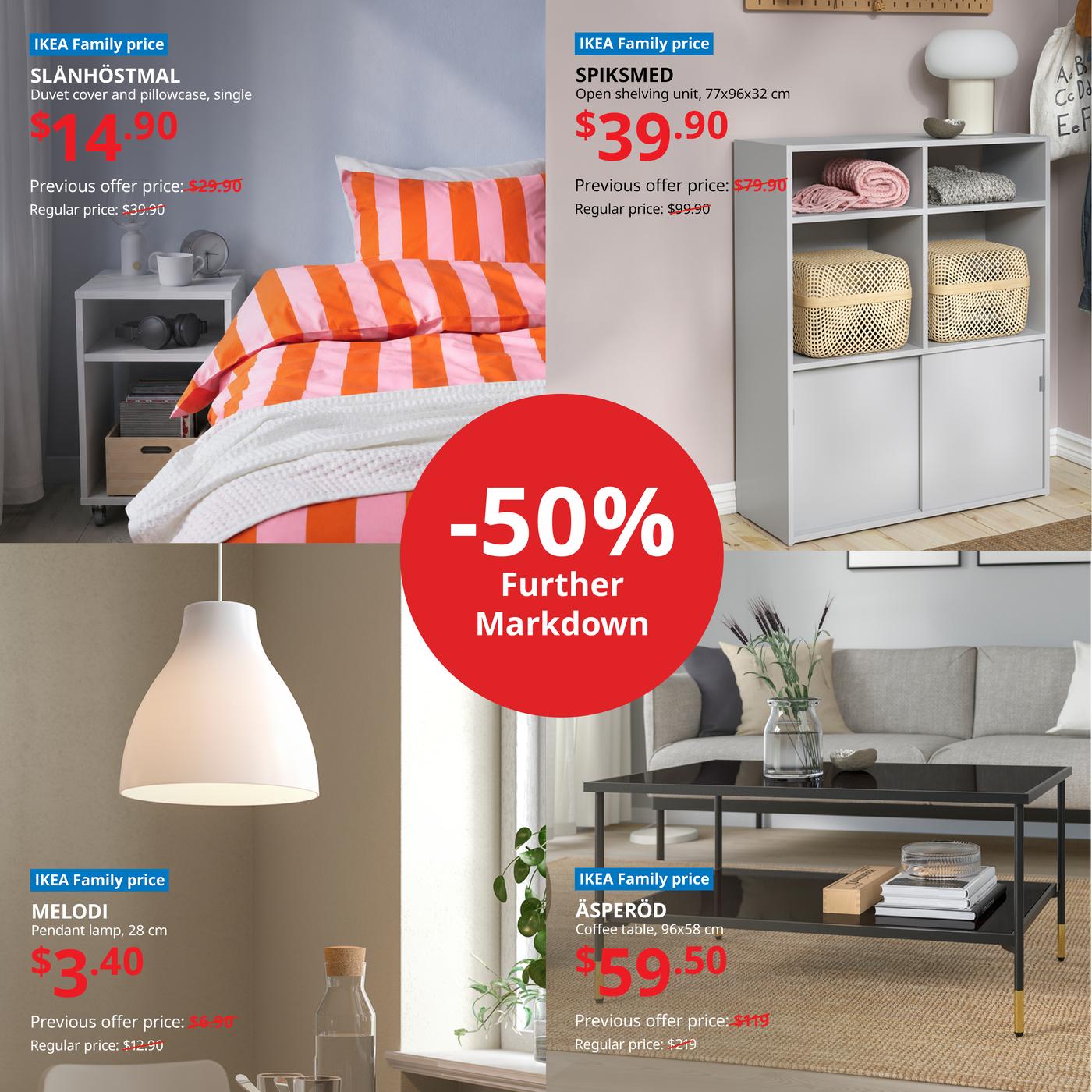 Promotional collage featuring IKEA Family member offers with a red "50% Further Markdown" badge. Featured products include SLÅNHÖSTMAL striped orange-and-pink duvet cover set at $14.90, SPIKSMED shelving unit at $39.90, MELODI white pendant lamp at $3.40, and ÅSPERÖD black coffee table at $59.50.