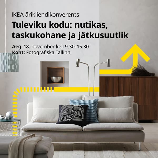Promotional image for the IKEA for Business conference featuring a modern living room with an off-white sofa, wooden storage units and yellow graphic accents. 