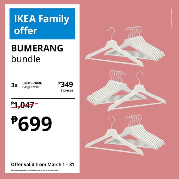 Promotional image with a pink background, showcasing three sets of white hangers. Text offers an IKEA Family discount on the 
