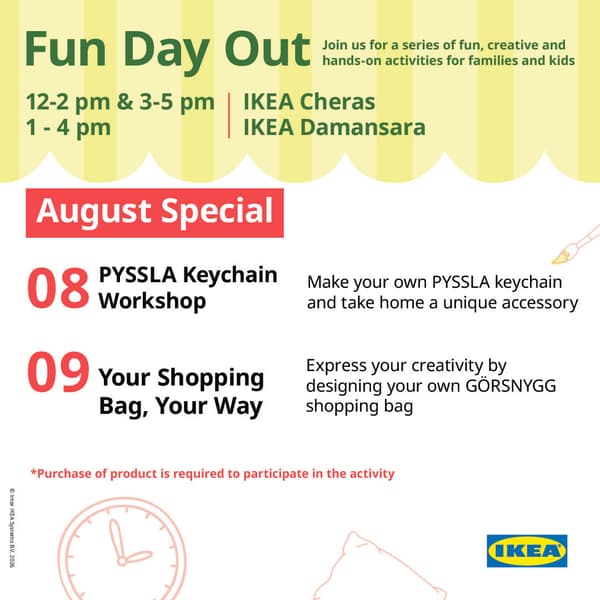 Promotional poster for IKEA Fun Day Out featuring the Arts & Craft: PYSSLA Beads Workshop on 8 August 2026 and Sustainability Workshop - Shopping Bag Decoration on 9 August 2026 for families and kids.