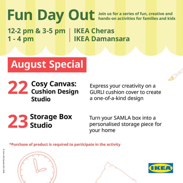 Promotional poster for IKEA Fun Day Out featuring the Arts & Craft: Cozy Canvas on 22 August 2026 and Arts & Craft: Art Box Studio on 23 August 2026 for families and kids.