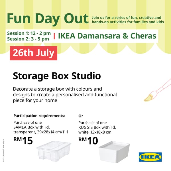 Promotional poster for IKEA Fun Day Out featuring the Storage Box Studio for families and kids on 26 July.