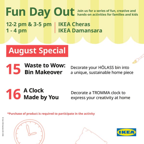Promotional poster for IKEA Fun Day Out featuring the Sustainability Workshop - From Waste to Wow on 15 August 2026 and Arts & Craft: A clock Made By You on 16 August 2026 for families and kids.