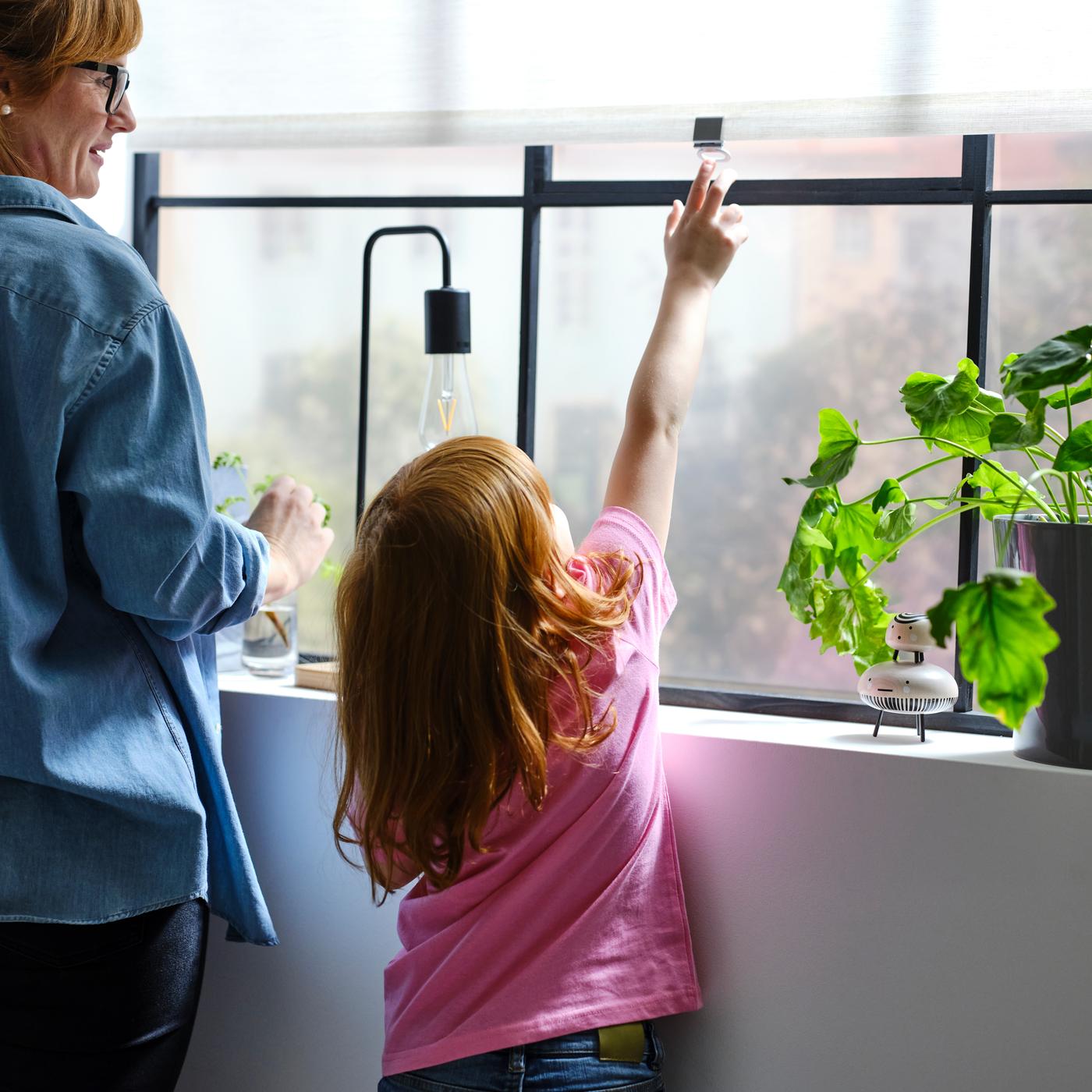 Przy oknie dorosła osoba patrzy, jak dziecko w różowej koszulce sięga do uchwytu beżowej rolety SANDVEDEL.