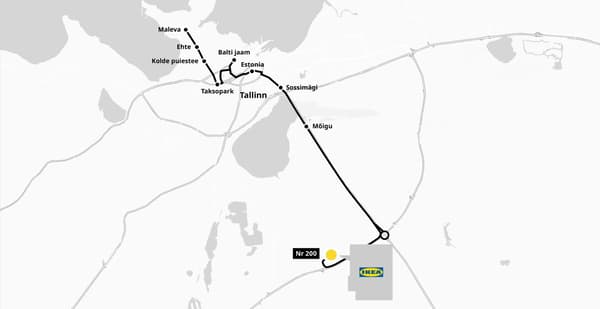 Public transport route map in Tallinn, Estonia, showing bus line Nr 200 connecting various city stops such as Maleva, Balti jaam, Estonia, Sossimägi, and Mõigu to the IKEA store.