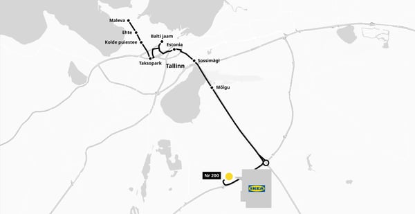 Public transport route map in Tallinn, Estonia, showing bus line Nr 200 connecting various city stops such as Maleva, Balti jaam, Estonia, Sossimägi, and Mõigu to the IKEA store.