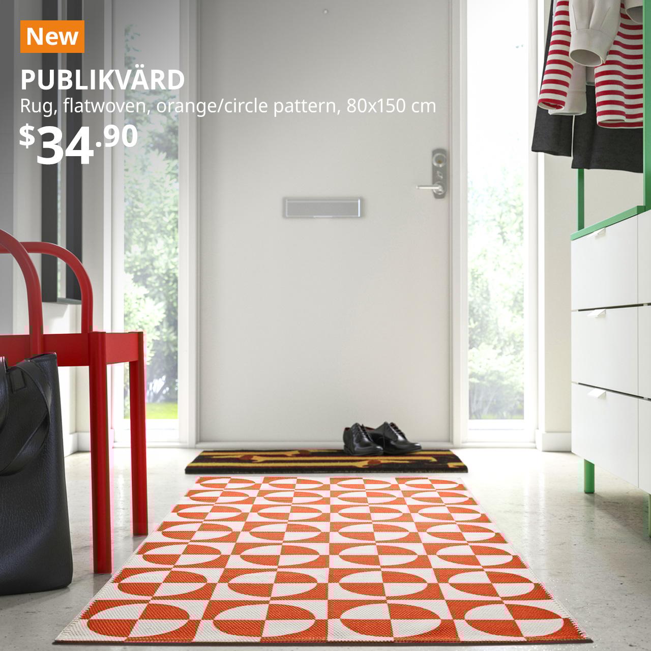 PUBLIKVÄRD rug, flatwoven, orange/circle pattern, 80x150 cm. Price: $34.90
