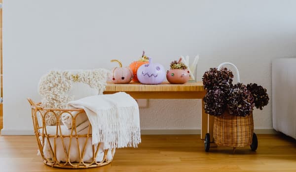 Pumpkins on a bench in a living room