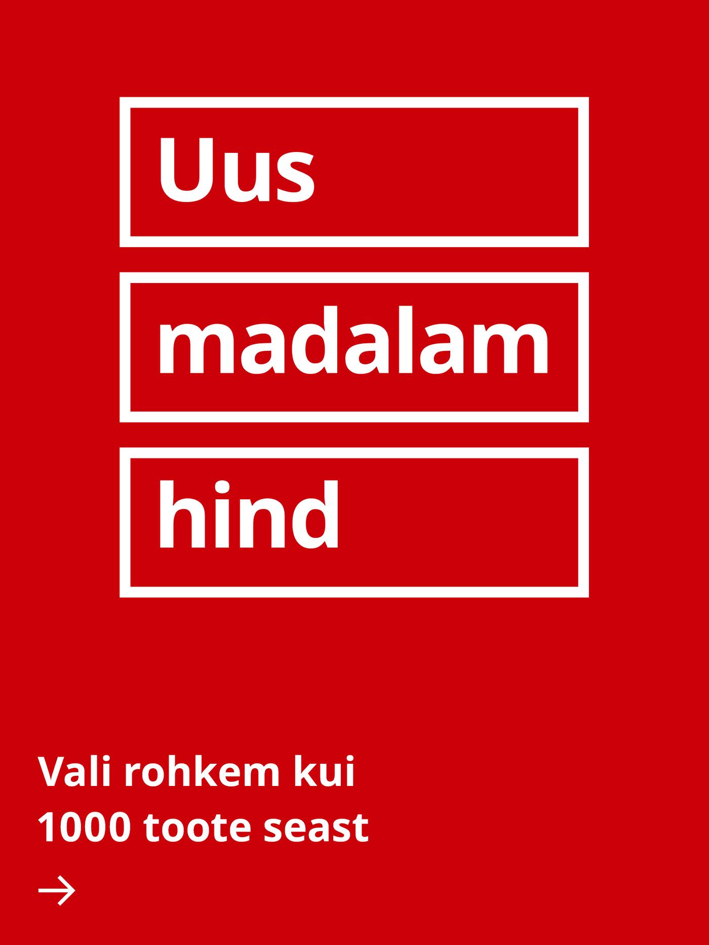 Punasel taustal „Uus madalam hind“ kirjaga logo, kus iga sõna on eraldi valge raamiva ristkülikuga esile tõstetud.				