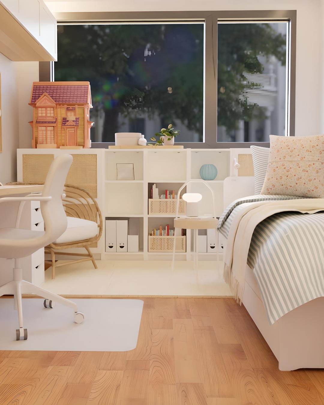 Quarto de criança com cama, estantes BILLY e espaço de estudo