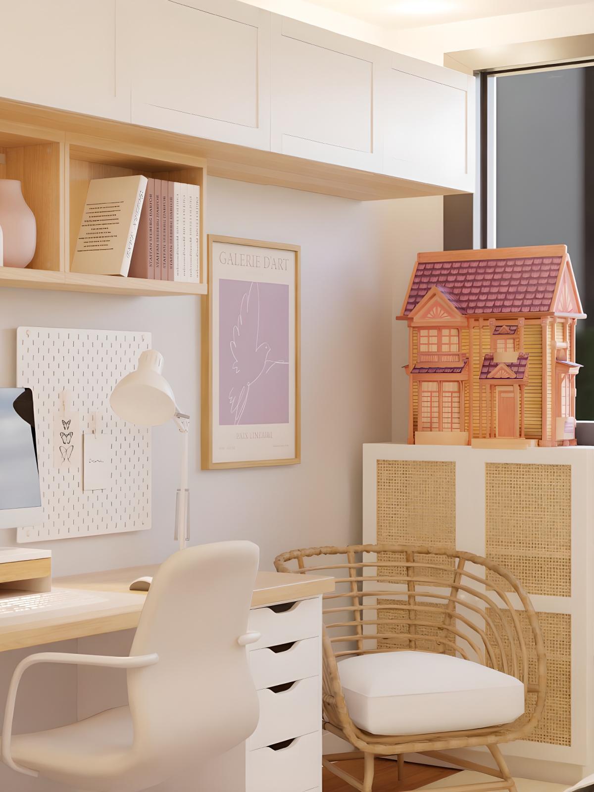 Quarto de criança com cama, estantes BILLY e espaço de estudo