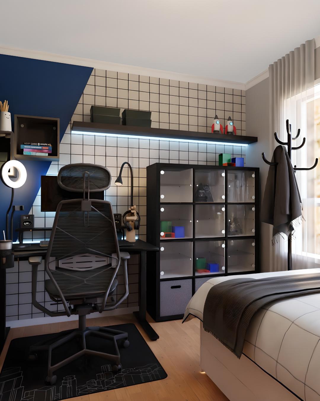 Quarto gaming com espaço funcional