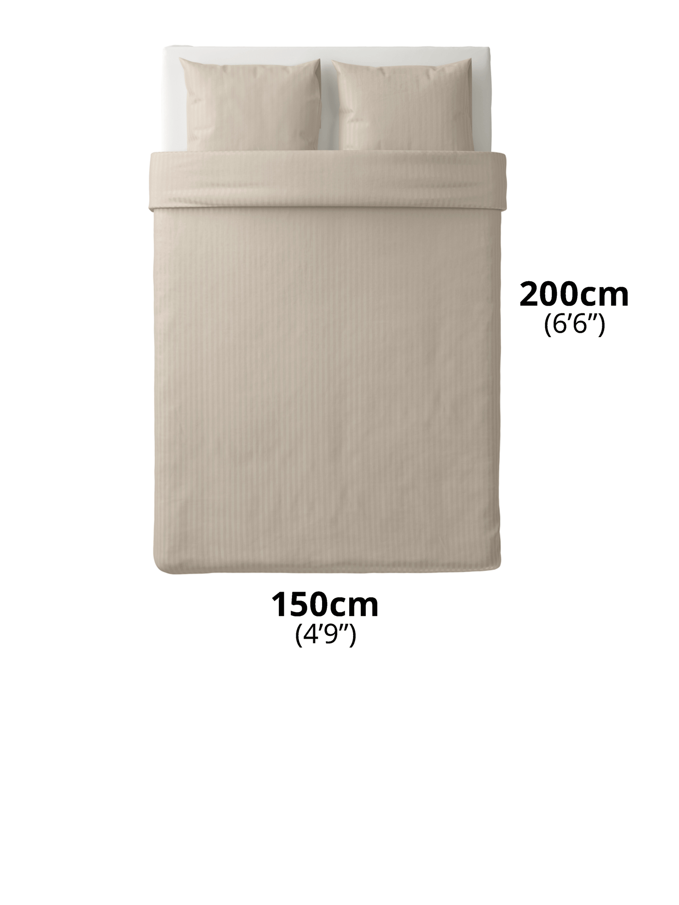 Queen size mattress with NATTJASMIN duvet cover and pillow case. Text sizes say "200cm (6'6") and 150cm (4'9").