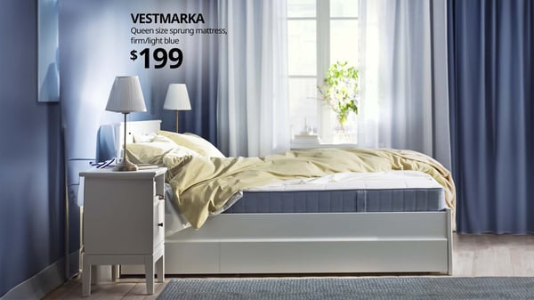 Queen size VESTMARKA sprung mattress, firm/light blue. Price: $199.