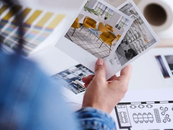 Quelqu'un tient dans sa main plusieurs polaroids avec des photos de mobilier. Sur la table sous la main, il y a un plan. 