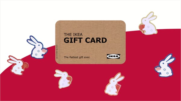Rabbits holding firecrackers, lanterns and ingots surround the IKEA gift card.